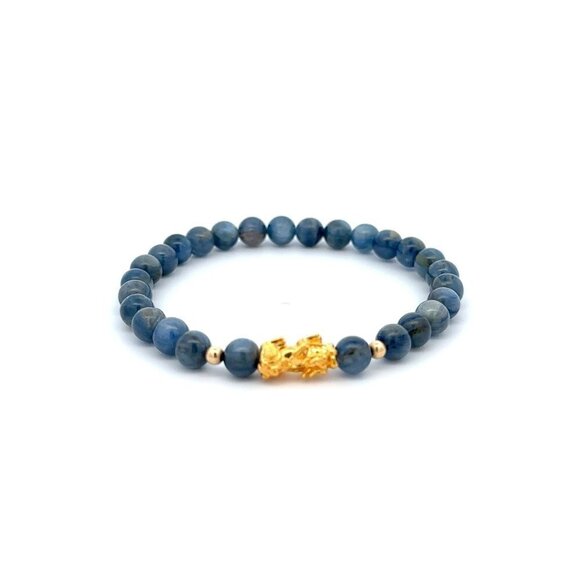 18K Gold Dragon Pixiu Piyao Lucky Charm Beads Bracelet Gemstones Kyanite 6mm